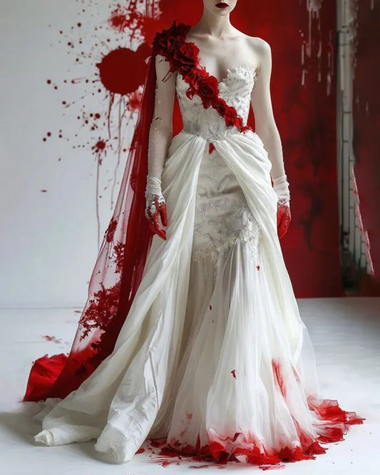 Halloween Themed Contrasting Bloodstained Lace Mesh Embroidered Beaded Dress e29e