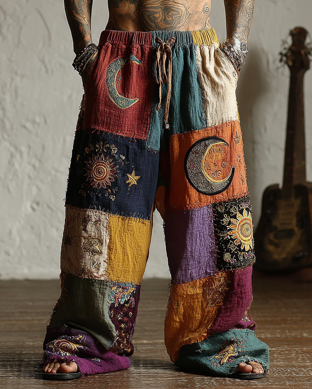 Men's Star and Moon Embroidery Rainbow Contrast Color Pants 9700