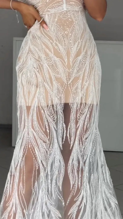 trapless Beaded Feather Sheer Maxi Dress