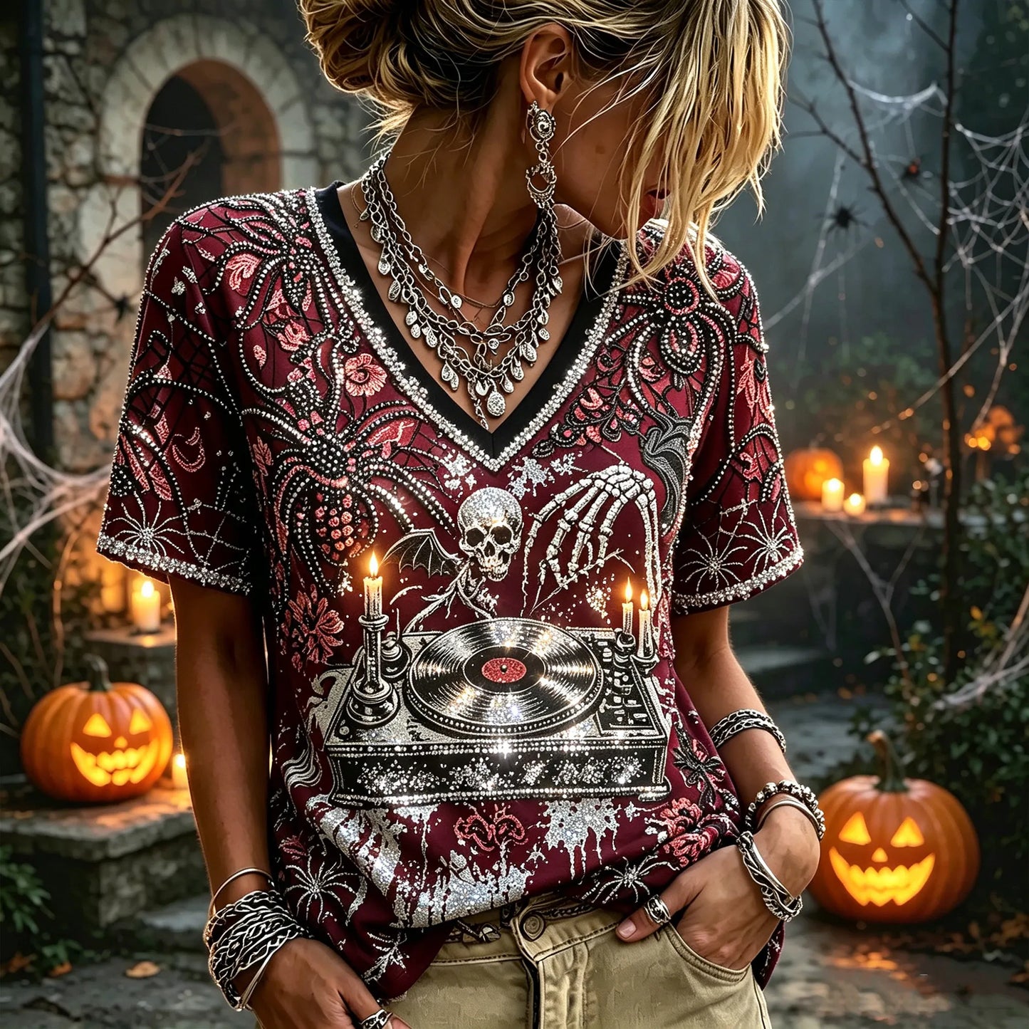 Women's Halloween Gothic Spider Skull Vinyl Record Rhinestone Shirt
