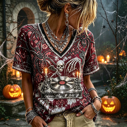 Women's Halloween Gothic Spider Skull Vinyl Record Rhinestone Shirt