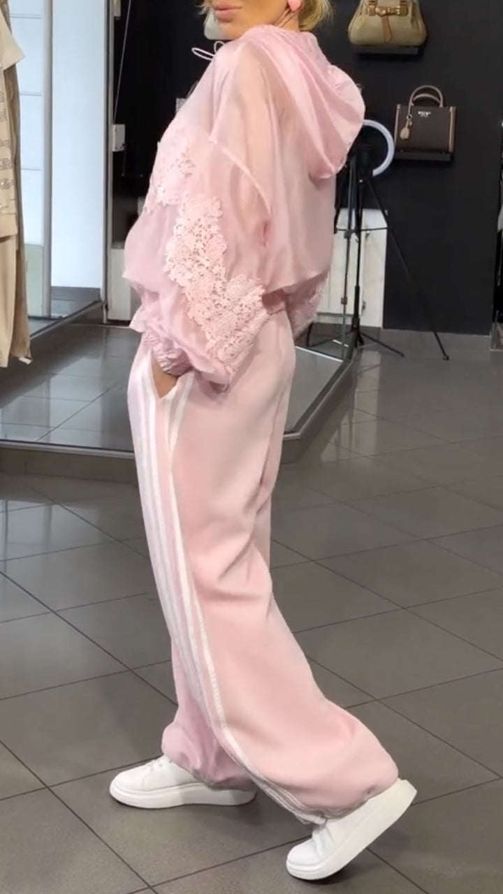 Pink Sheer Lace Trim Two-Piece Tracksuit