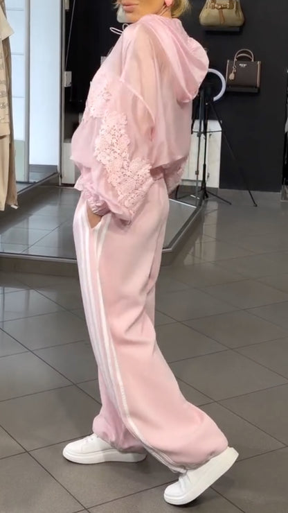 Pink Sheer Lace Trim Two-Piece Tracksuit