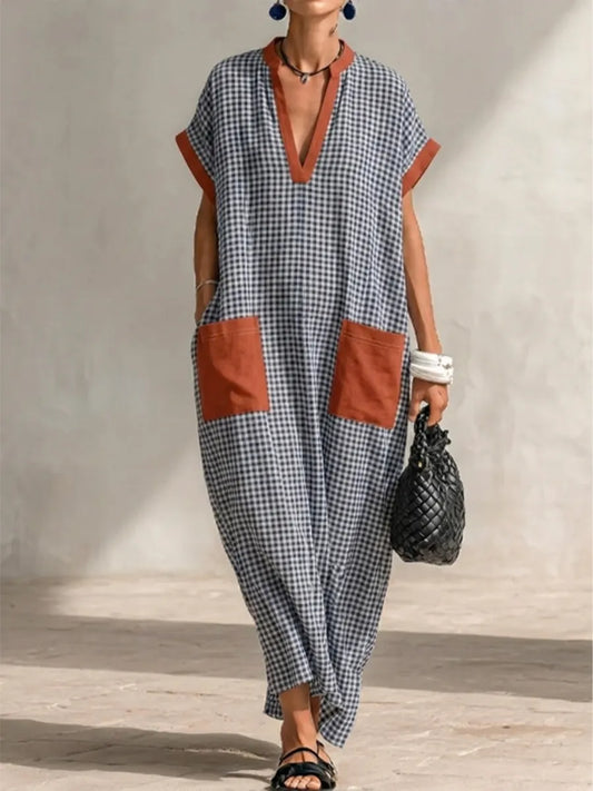 Casual Resort Contrast Cuff Gingham Loose Straight V-neck Ankle-length Linen Dress