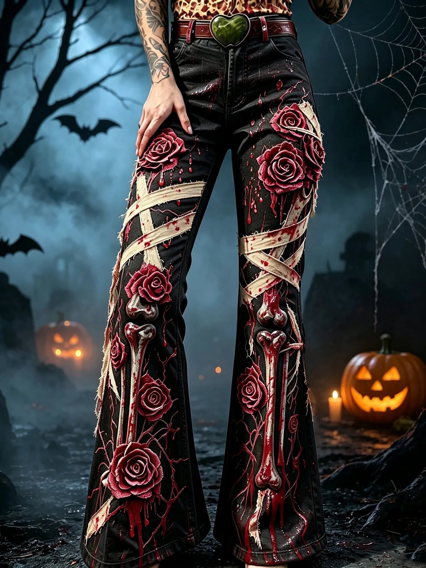 Women's Retro Halloween Style Rose And Bone Print Trousers
