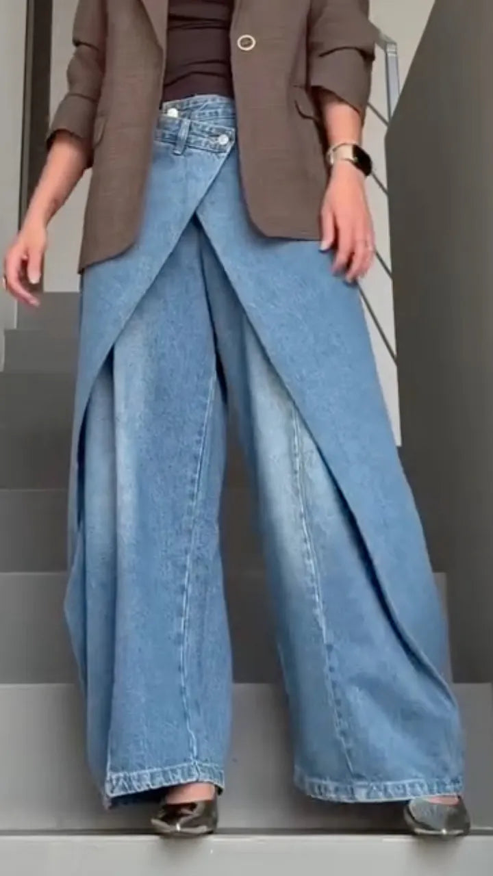 Brown Blazer & Wrap-Front Denim Pants Outfit