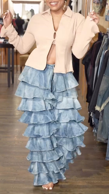Light Blue Tiered Ruffle Denim Wide Leg Pants