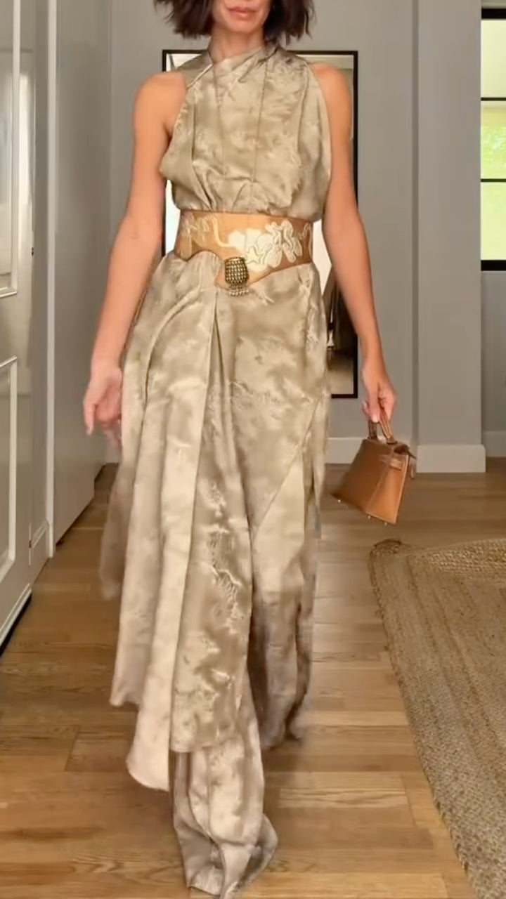 Taupe Satin Halter Neck Draped Wide Leg Pants Set