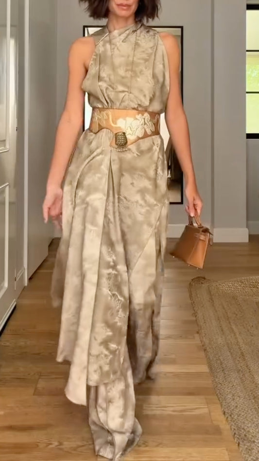 Taupe Satin Halter Neck Draped Wide Leg Pants Set