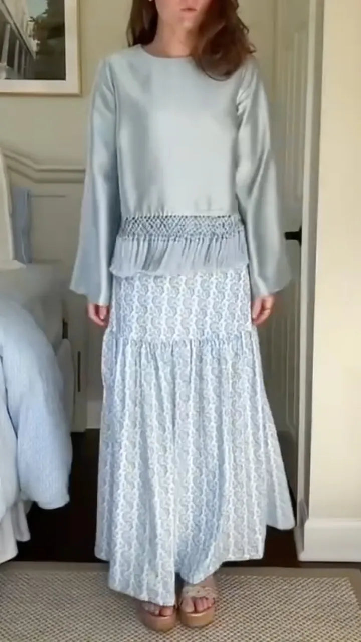Women's Crew-Neck Satin Top with Tassels + Skirt