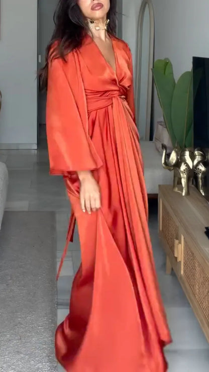 Burnt Orange Satin Wrap Maxi Dress