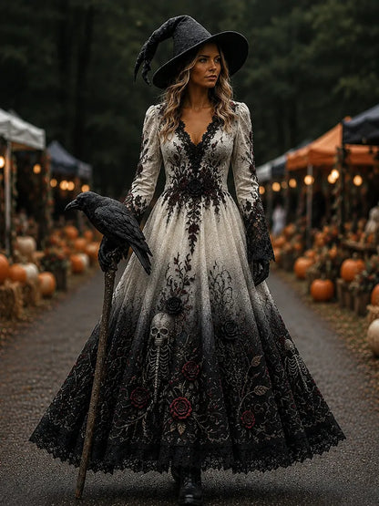 Women’s Gothic Skull & Rose Embroidered V-neck Dress