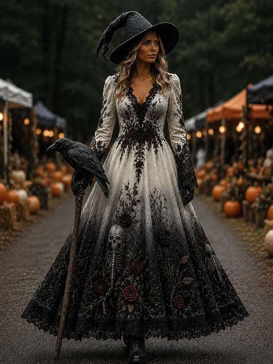 Women’s Gothic Skull & Rose Embroidered V-neck Dress