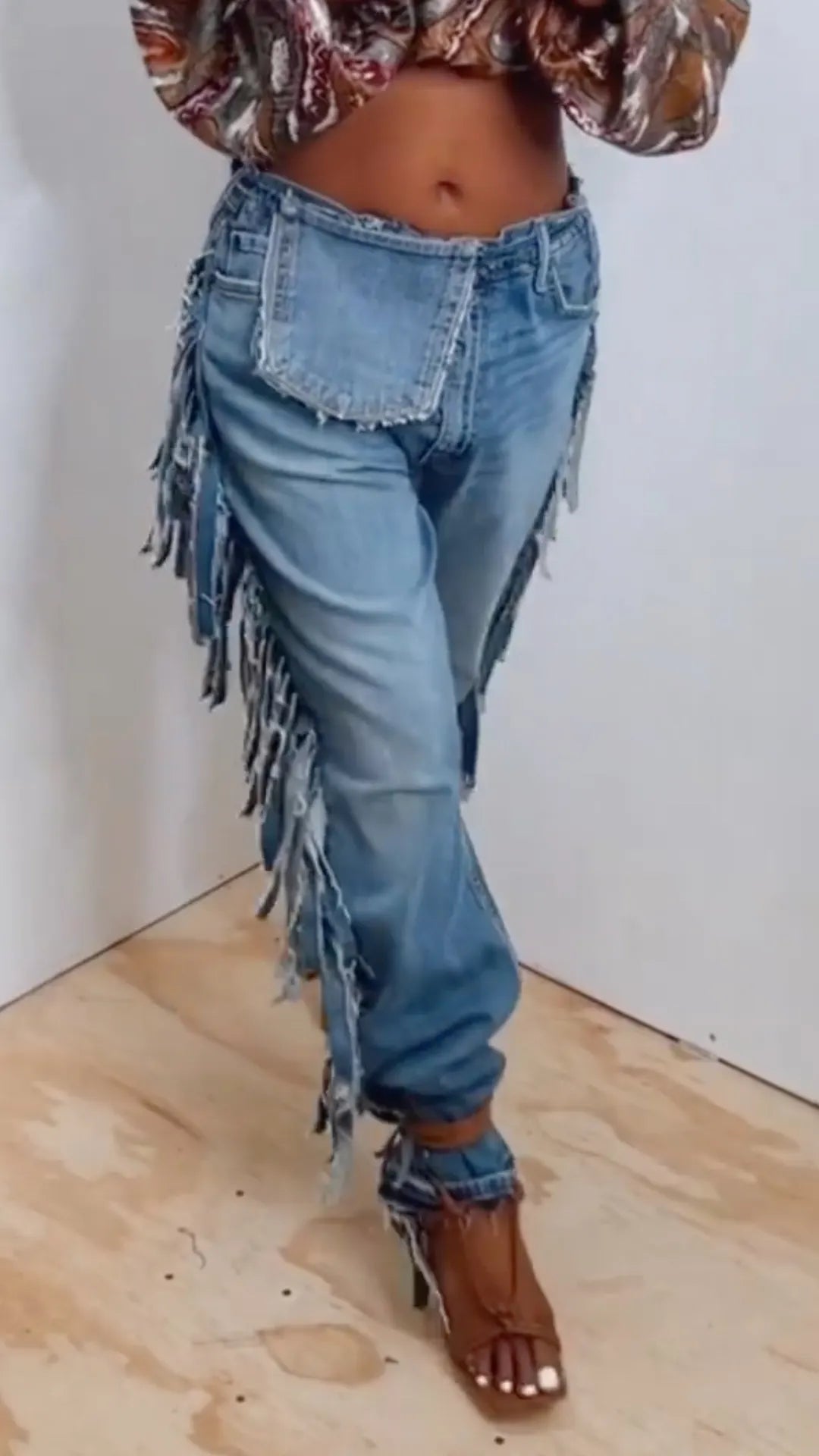 Distressed Fringe Jogger Denim Pants