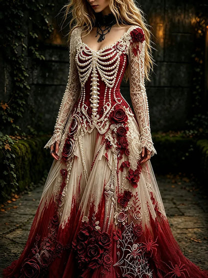 Women's Retro Gothic Skeleton And Rose Pattern Maxi Halloween Dress