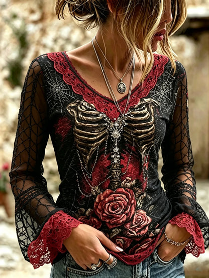 Women's Dark Rose Skull Spiderweb Design Cotton Linen Long-sleeve T-shirt