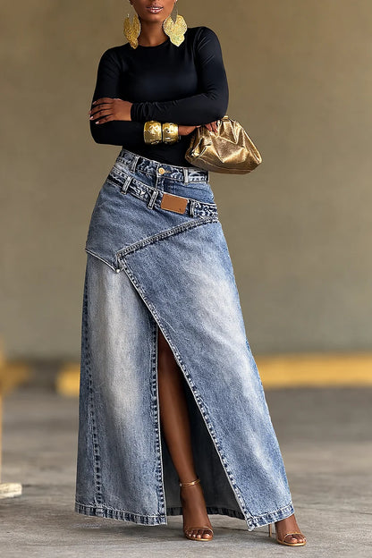 High Waist Asymmetric Wrap Denim Maxi Skirt