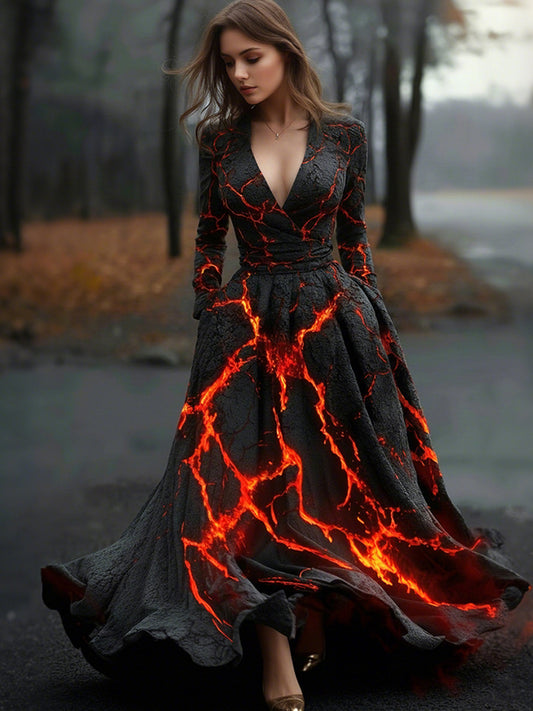 Women's Vintage Lava Texture Art Pattern V-neck Dress