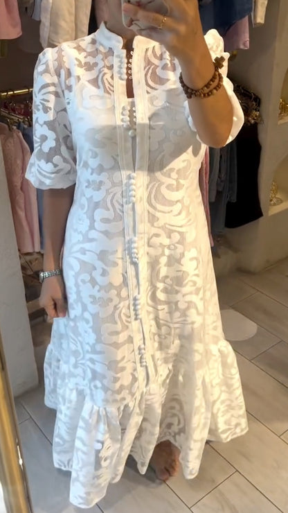 White Lace Button-Front Midi Dress
