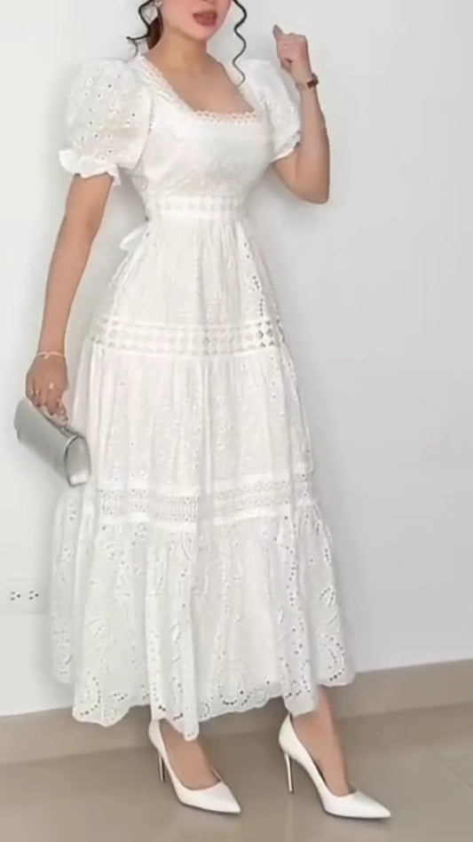 White Eyelet Embroidery Midi Dress