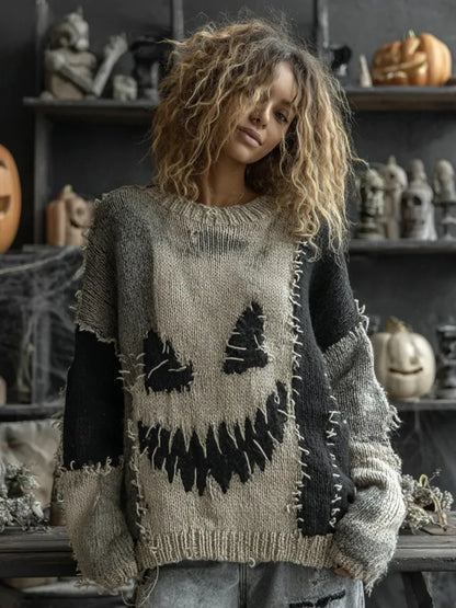 Halloween Spooky Face Contrast Stitched Cozy Knit Sweater