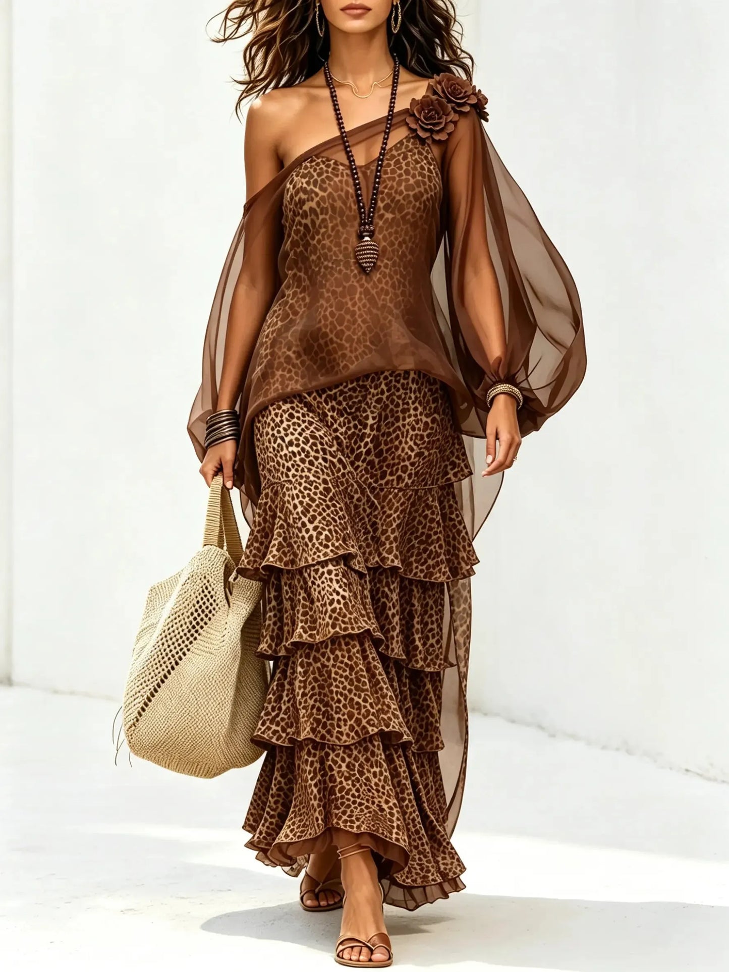 Women's Lantern Sleeve Top & Tiered Ruffle Leopard Dress Set