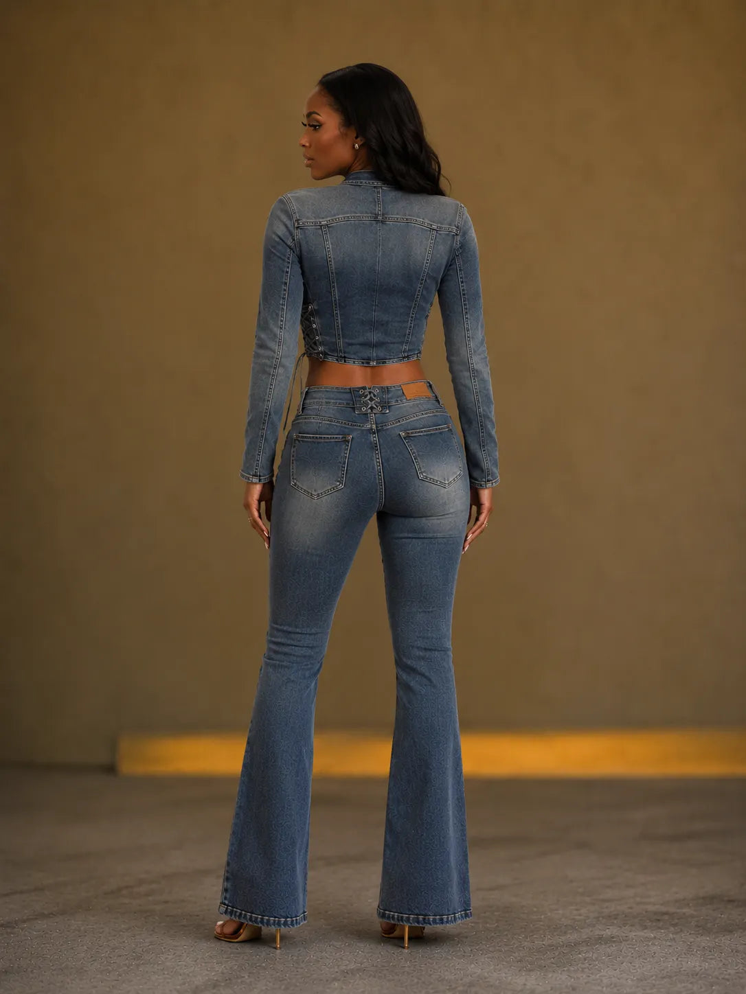 Lace-Up Corset Denim Two Piece Flare Pant Set