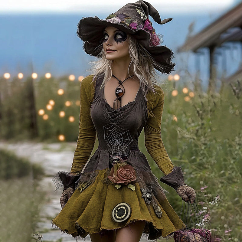 Women's Halloween Rose Spider Web Witch Cosplay Midi Dress