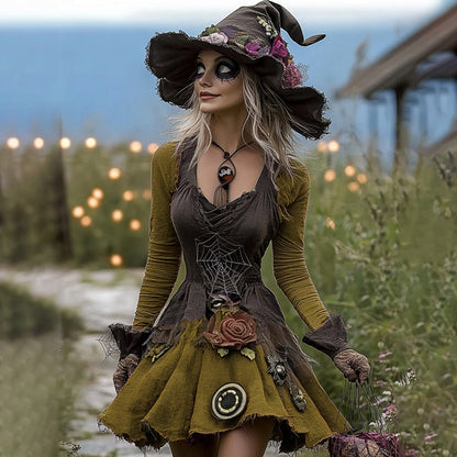 Women's Halloween Rose Spider Web Witch Cosplay Midi Dress