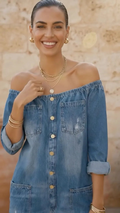 Blue Denim Off-Shoulder Jumpsuit
