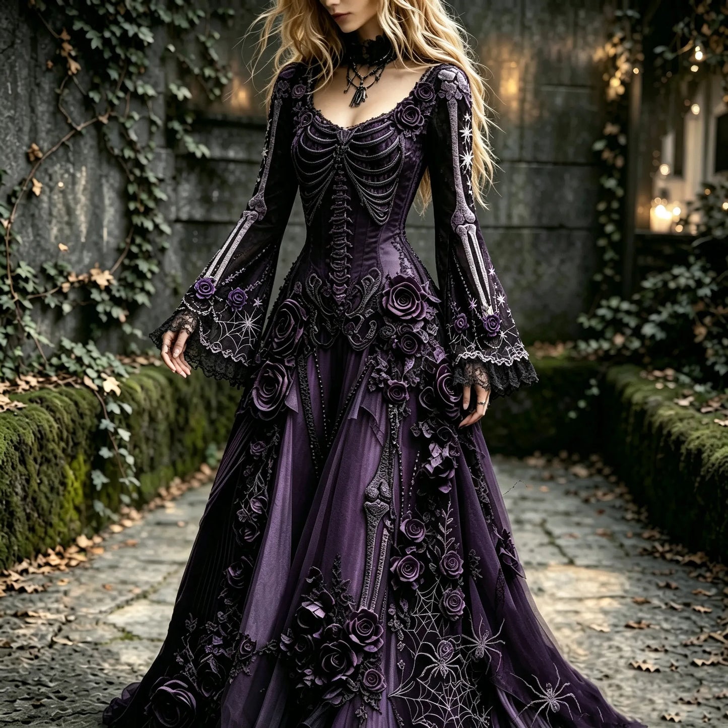 Women's Retro Gothic Flowers With Skull Pattern Mixi Halloween Dress