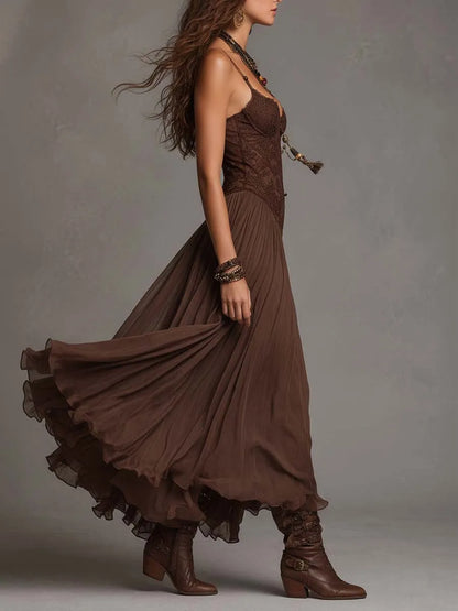 Dark Brown Lace-Paneled Chiffon Maxi Dress