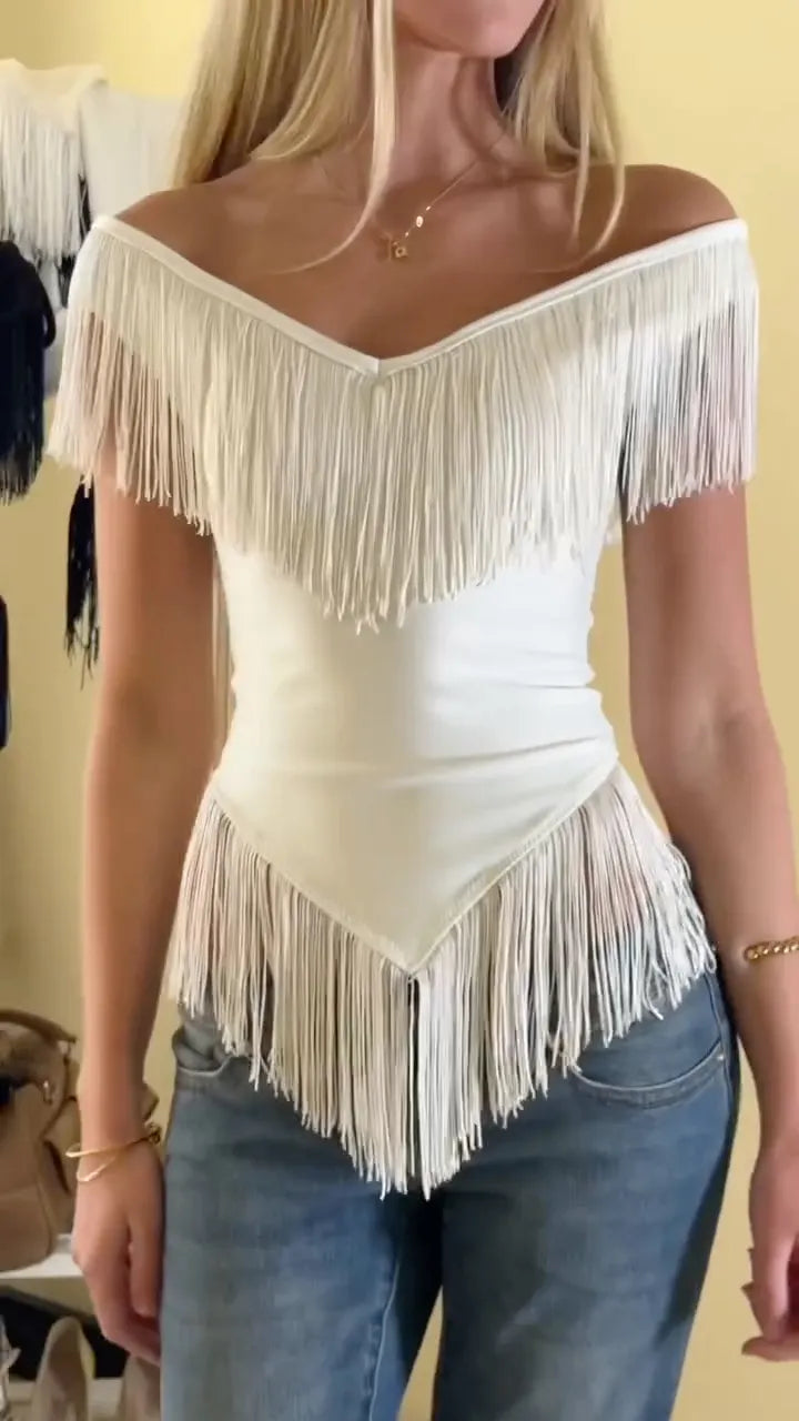 White Off Shoulder Double Fringe Fitted Top