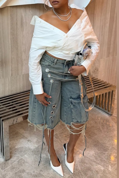 Off‑Shoulder Wrap Shirt & Denim Cargo Knee Shorts Outfit
