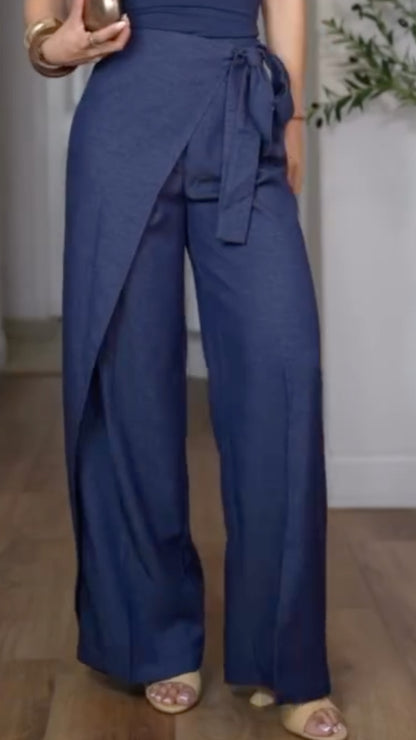 Wrap Overlay Tie‑Waist Wide Leg Pants