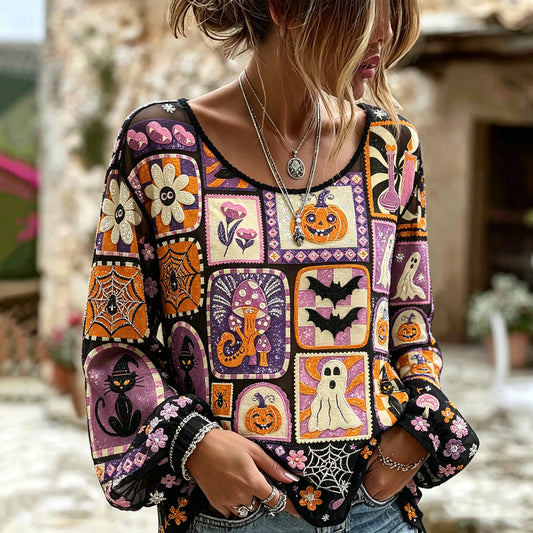 Vintage Cartoon Halloween Patchwork Shirt
