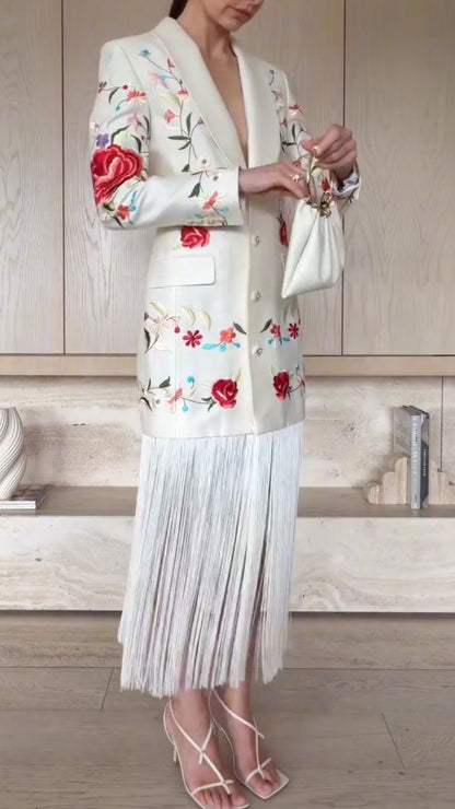 White Floral Embroidered Blazer Dress