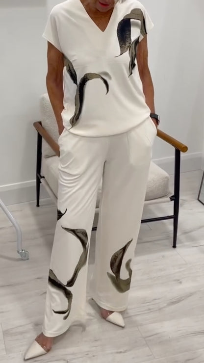 V Neck Short Sleeve Top + Wide Leg Pan Two Piece Settsp + Wide Leg Pants
