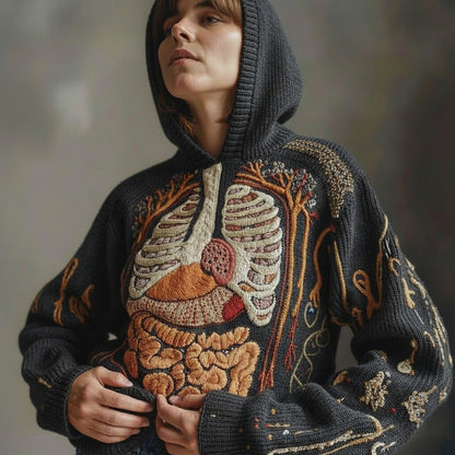 Vintage Halloween Anatomy Art Chunky Knitted Hooded Sweater