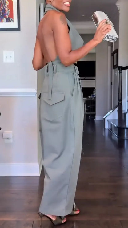 Halter Cowl Neck Crop Top & Pleated Wide Leg Pants Co‑Ord Set