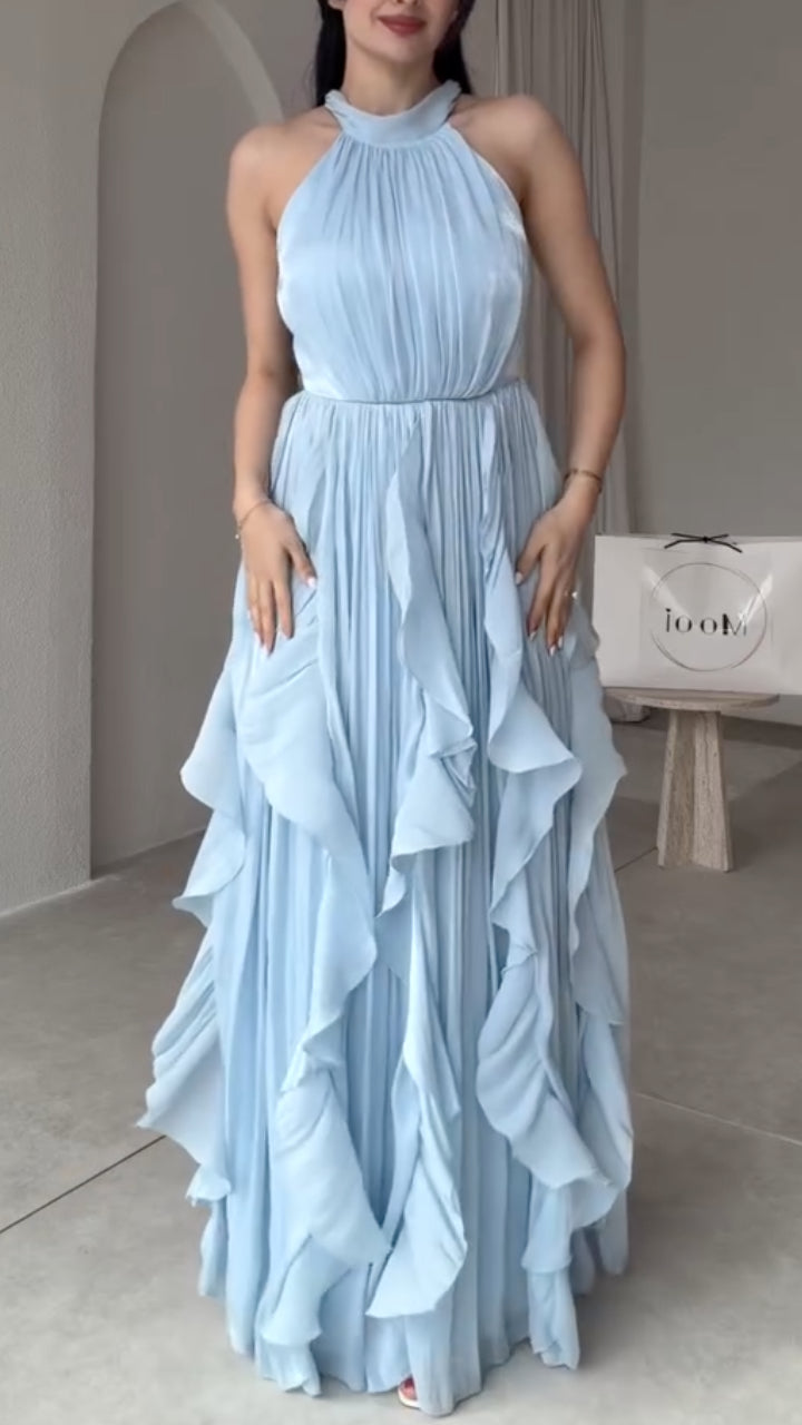 Blush Pink Halter Neck Ruffle Maxi Dress
