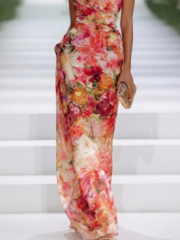 Red Chiffon Floral Halter-neck Sleeveless Maxi Dress