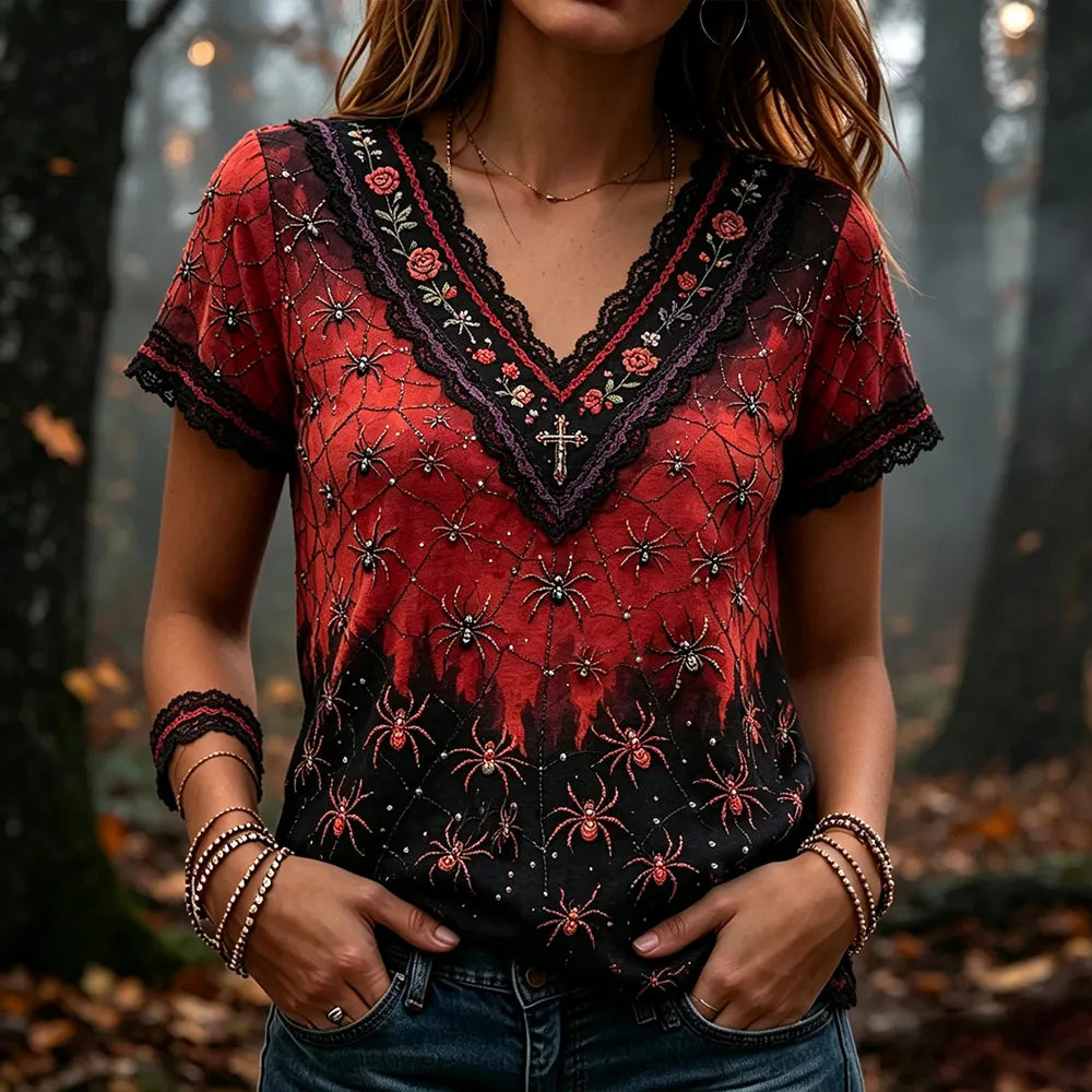 Women's Vintage Halloween Spider And Rose Lace Art Rhinestone V-neck Short Sleeve Top