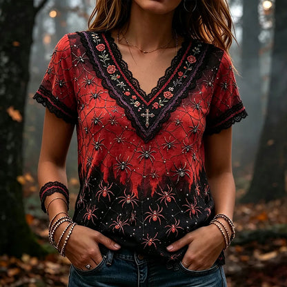 Women's Vintage Halloween Spider And Rose Lace Art Rhinestone V-neck Short Sleeve Top