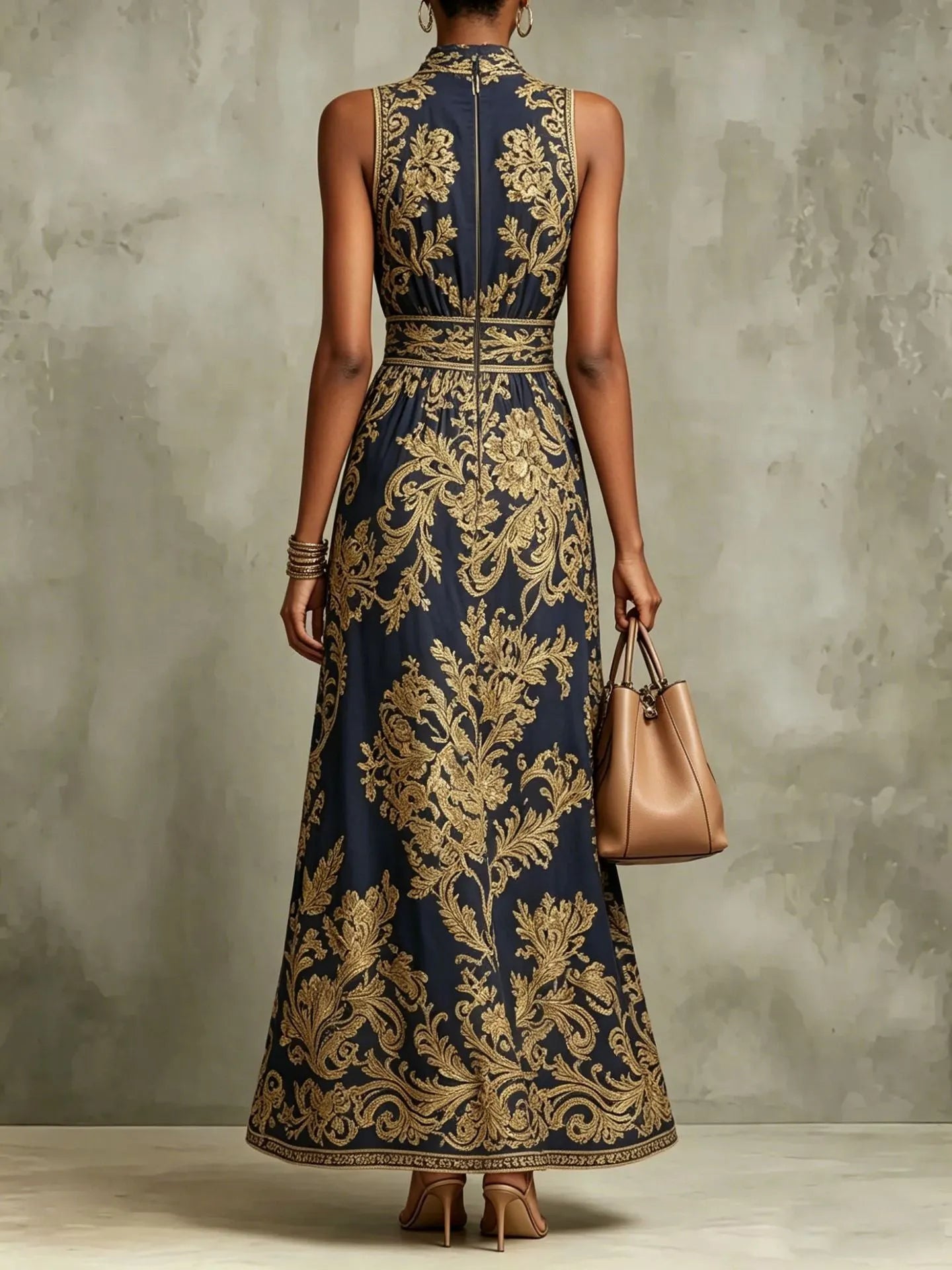 Navy Blue And Gold Baroque Print Halter Neck Sleeveless Maxi Dress