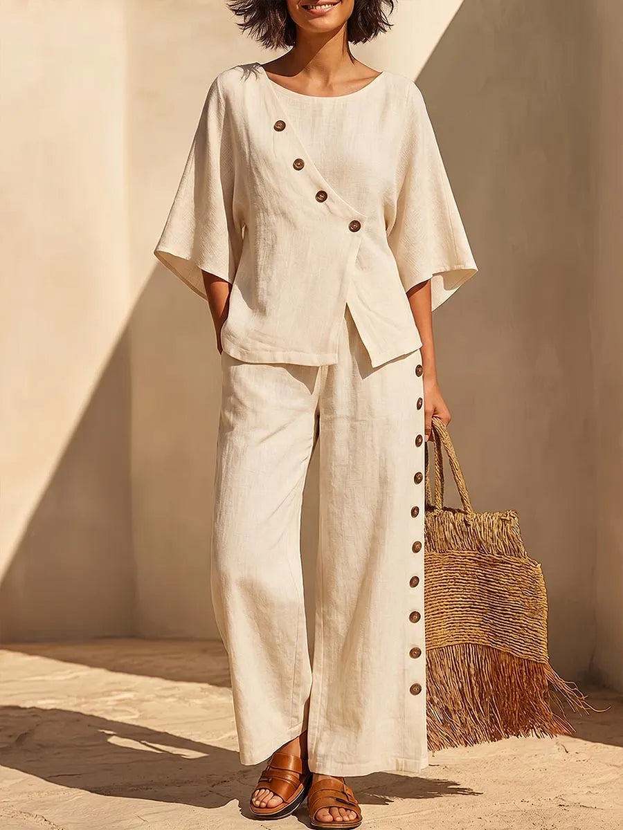 Women's Solid Color Casual Cotton-linen Set: Round-neck 3/4 Sleeve Loose Top & High-waisted Wide-leg Pants