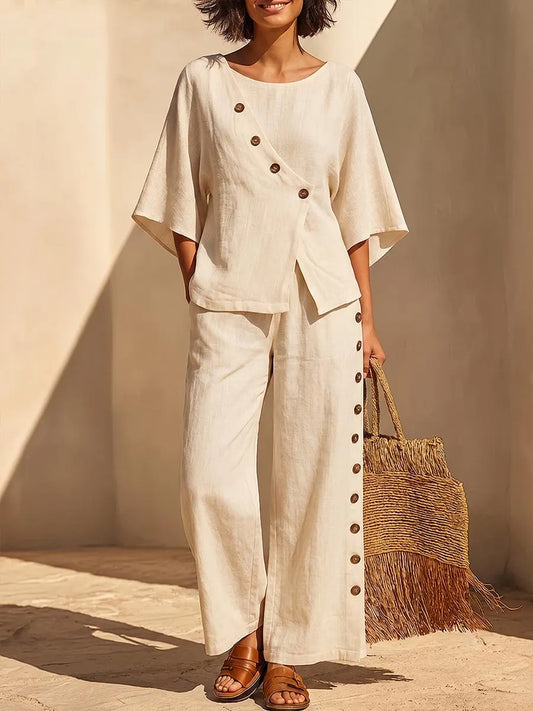 Women's Solid Color Casual Cotton-linen Set: Round-neck 3/4 Sleeve Loose Top & High-waisted Wide-leg Pants