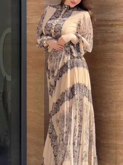 Ethnic-style printed high-neck button-down maxi dress (including belt)