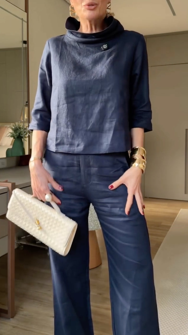 Navy Blue Linen Cowl Neck Top & Wide Leg Pants Co-Ord Set