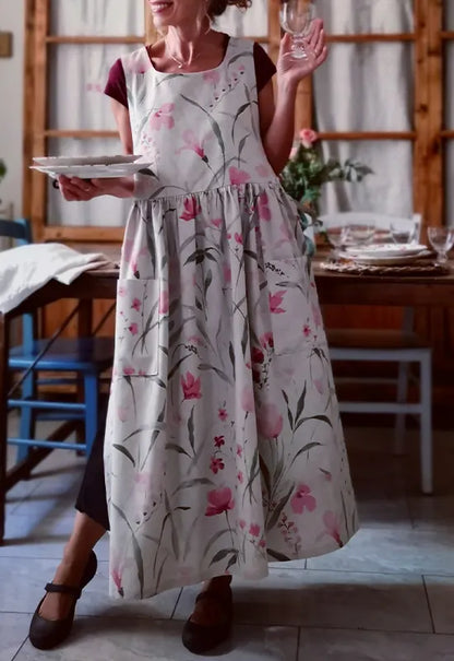 Watercolor Floral Square-Neck Apron with Pockets